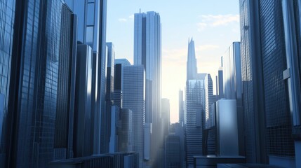 Urban Landscape with Modern Skyscrapers Under Blue Sky During Sunrise, Illuminating City Streets with Soft Light and Unique Architectural Designs