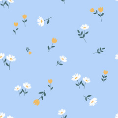 Seamless pattern with daisies, yellow flower and branch on blue background vector.
