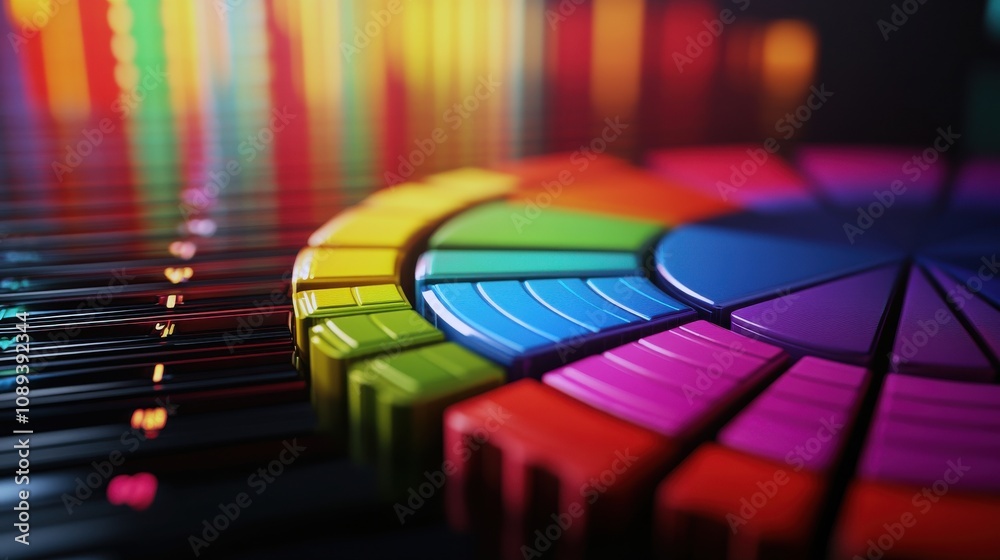 Fototapete A vibrant, artistic display of colorful shapes arranged in a circular pattern on a reflective surface, showcasing creativity and design elements.