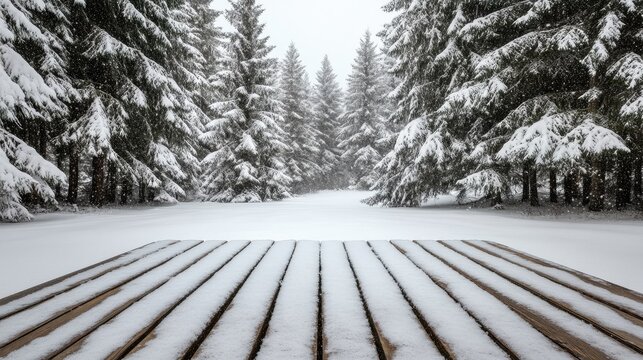 Serene winter landscape showcasing a wooden floor covered in snow, surrounded by snow-laden fir trees amidst a tranquil forest scene.
