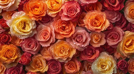 Close-up of vibrant, dewy roses in shades of pink, orange, and yellow, perfect for wedding invitations, beauty ads, and romantic card designs.