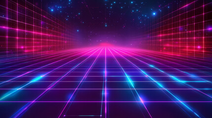 Illustration of a futuristic cyber matrix grid with neon holograms. Holographic Digital Grid. Illustration