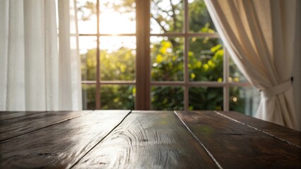 Glossy dark wood tabletop set against a soft focus blurred half curtained window with natural light streaming through, glossy, dark, interior design, wood