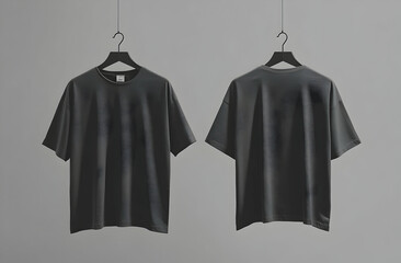 Front and back view of a dark gray oversized t-shirt hanging on black hangers against a gray background.