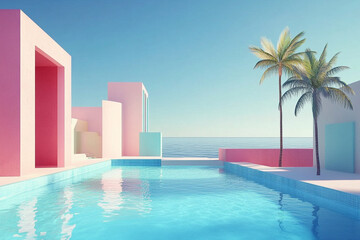 Fototapeta premium Minimalist modern poolside architecture with pastel walls, geometric design, and palm trees under a bright blue sky