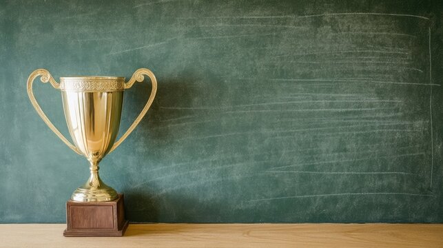 Shiny gold victory trophy on wooden base beside blank chalkboard, highlighting achievement and success. Ideal for educational or motivational themes.