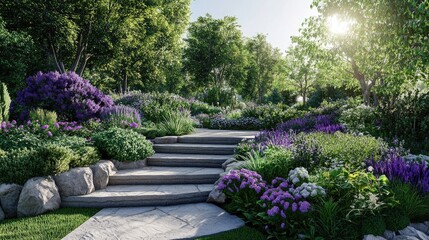 Obraz premium Lush garden landscape showcasing vibrant purple blooms, rocky steps, and abundant greenery, creating a serene atmosphere for relaxation and enjoyment.