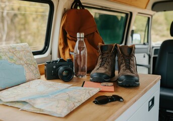 Hiking boots, map, camera, backpack, water bottle, compass and sunglasses ready for a camper van road trip adventure