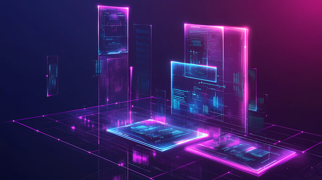 Digital grid with glowing holographic interfaces and tech diagrams floating in the air, dark purple background, neon highlights, digital art. Holographic Digital Grid. Illustration
