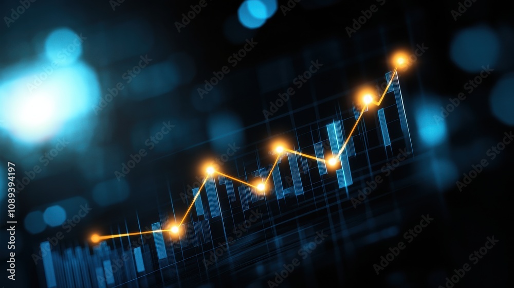 Poster A digital graph with glowing data points shows a rising trend against a dark, blurred background, symbolizing growth and analysis in technology or finance.
