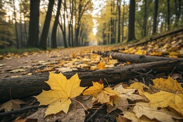 Fototapeta premium Golden maple leaves scattered on the forest floor amidst fallen branches, tree branches, deciduous trees, maple leaves, forest floor