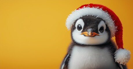 Fototapeta premium Adorable baby penguin in a Santa hat with festive lights on a snowy winter background. Perfect for New Year 2026 - 2027 banners, Christmas cards, and ads with space for text.