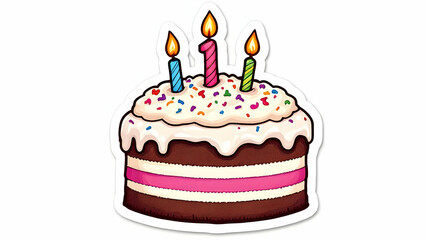 A cartoon illustration of a threelayered chocolate cake with pink frosting, white icing, colorful sprinkles and three lit candles number one candle is prominent.