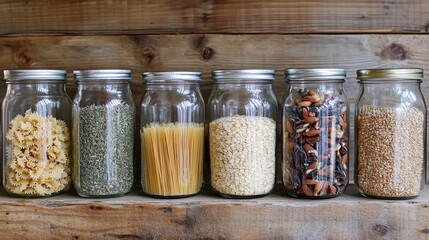 Variety of grains cereals and pasta in glass jars paired with dried herbs on a rustic wooden table emphasizing healthy nutrition and sustainable storage.