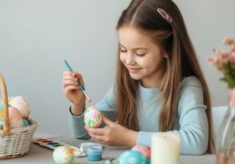 Happy child painting easter eggs with a brush, celebrating the spring festive tradition at home