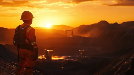 Worker in reflective safety gear overlooking a mining site at sunset, with vibrant orange skies and silhouetted mountains in the background.