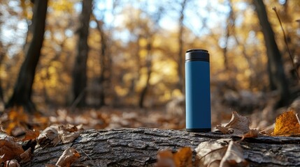Obraz premium Blue thermos standing on a log surrounded by autumn leaves in a forest, symbolizing outdoor adventure and the joys of hiking and camping in nature