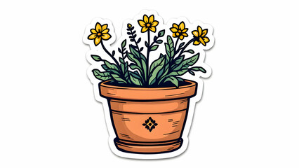 A sticker illustration of a terracotta pot containing yellow flowers and green foliage. Simple, handdrawn style. Perfect for gardening enthusiasts.