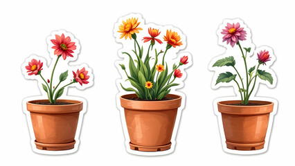 Obraz premium Three terracotta pots display various flowers. One has orange blooms, another red, and the last pink. The illustration is bright, cheerful, and digitally rendered.