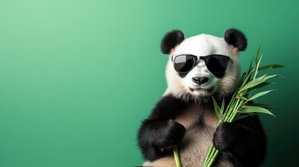 Fototapeta premium A Stylish Panda Wearing Sunglasses, Holding Bamboo, Against a Vibrant Green Background, Capturing the Playful Spirit of Nature and Wildlife Photography