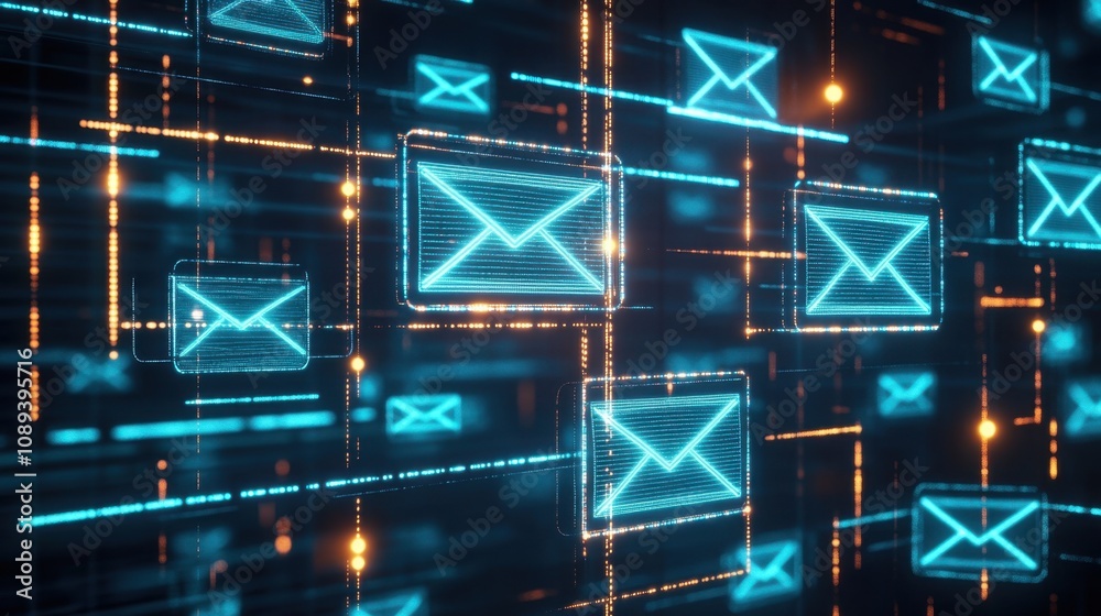 Poster digital communication concept with neon email symbols floating across a high-tech network background