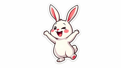 Obraz premium A cheerful cartoon white rabbit with pink inner ears and feet, winking playfully while raising its arms. Cute sticker design.