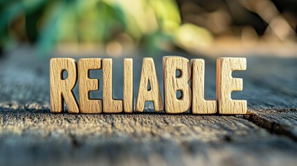 Wooden blocks stacked to spell the word RELIABLE on a rustic wooden surface, with a blurred green background creating a warm, natural atmosphere.