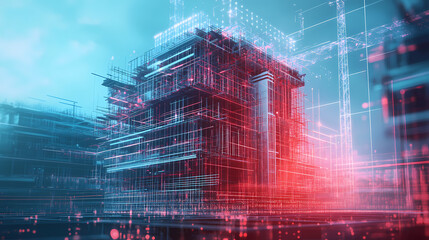 A futuristic building under construction, blended with holographic engineering designs and digital grids in a double exposure. Holographic Digital Grid. Illustration