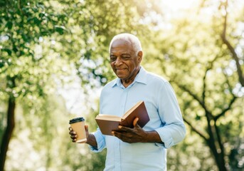 Obraz premium Elderly man relaxing in nature, savoring a book and a takeaway coffee