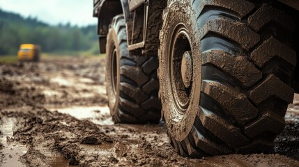 Big truck wheels on a rough dirt road, with close-up details of the tread and strength of the tires.
