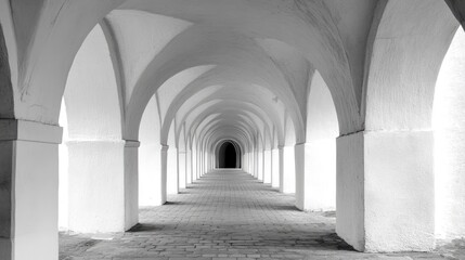 Fototapeta premium Arched corridor featuring a series of elegant white columns leading into a darkened passageway, showcased in a monochrome aesthetic.