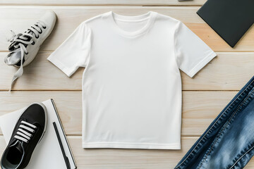 Flat lay of white t-shirt, sneakers, jeans, notebook and pen on wooden background.