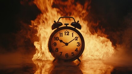 Vintage alarm clock surrounded by flames on a dark background symbolizing urgency and deadlines, ideal for promotional sale themes.