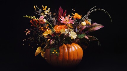 Autumn floral arrangement in a pumpkin showcasing vibrant flowers and rich colors, designed with creative techniques against a dark backdrop.