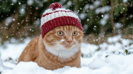 Charming ginger cat in a red and white knitted hat lounging in the snow, creating a cozy winter scene filled with snowfall and seasonal beauty.