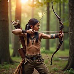 Young Indigenous archer in forest releasing arrow