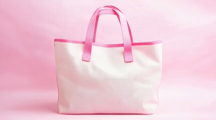 Stylish beach bag with vibrant pink handles displayed against a gentle pastel pink background, perfect for summer outings and vacations.