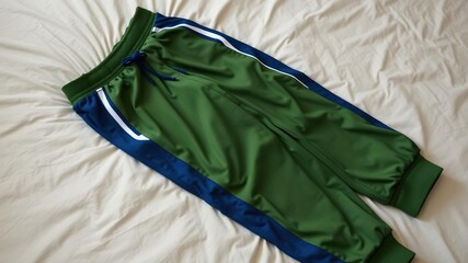 High-angle shot of stylish green and blue athletic jogger pants folded on a bed, showcasing the sporty design and reflective details, bedding, blue