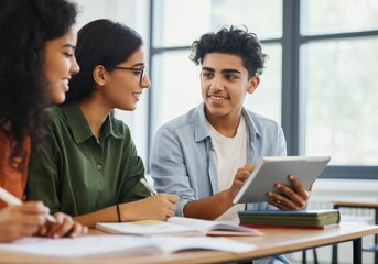 Happy high school students collaborating on a project, using a digital tablet and taking notes