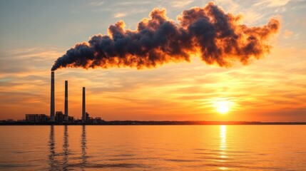 Industrial pollution at sunset over water.