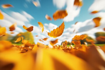 A vibrant scene of orange leaves swirling in the air against a bright blue sky, capturing the essence of autumn's beauty.