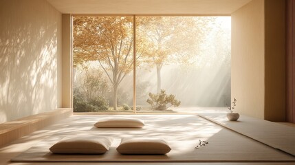 Serene meditation space with minimalistic decor, soft lighting, and tranquil views, offering a peaceful ambiance for relaxation and mindfulness.
