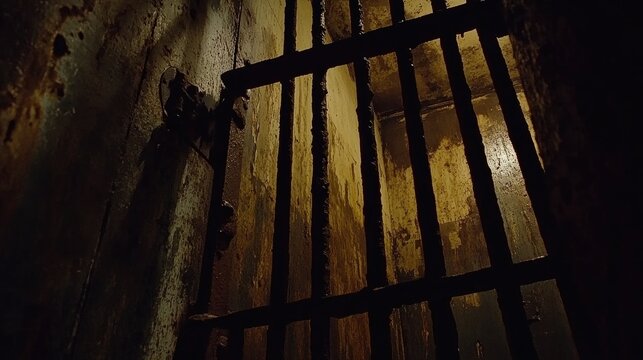 Dimly lit prison cell showcasing rusty iron bars, weathered walls, and a foreboding atmosphere indicative of decay and abandonment.