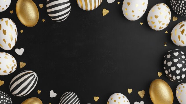 Decorative Easter Eggs in Gold, Black, and White with Striped and Dotted Designs Framing a Customizable Text Area on a Black Background