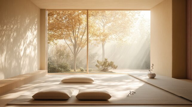 Serene meditation space with minimalistic decor, soft lighting, and tranquil views, offering a peaceful ambiance for relaxation and mindfulness.