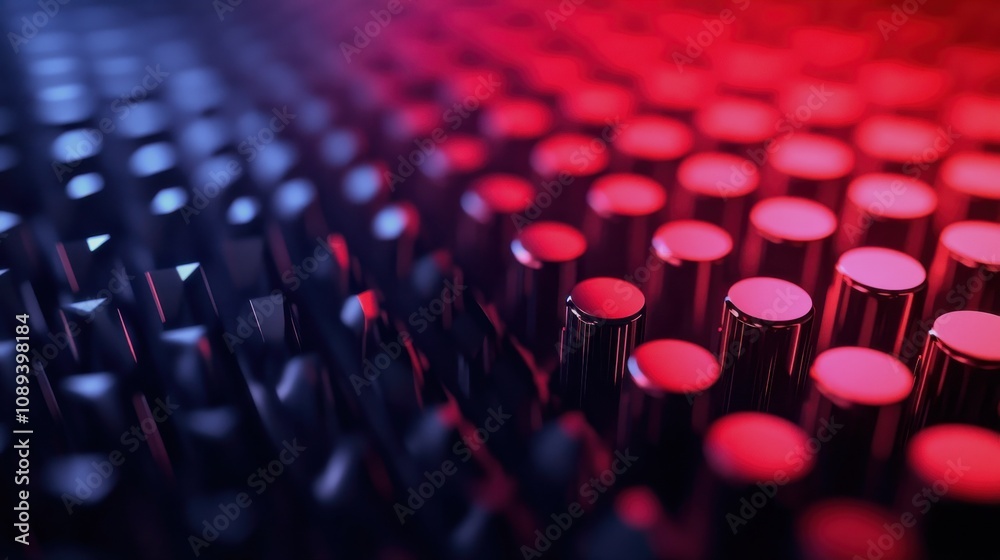 Poster A visually striking abstract image featuring rows of glossy cylindrical shapes illuminated in red and blue lighting.
