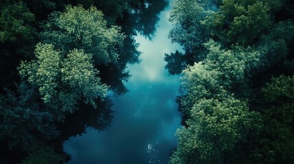Obraz premium Aerial view of a tranquil river surrounded by lush green foliage, reflecting soft morning light and creating a serene atmosphere.