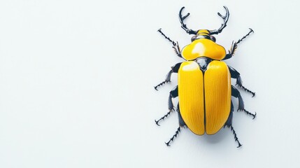 Yellow five-horned rhinoceros beetle showcasing vibrant yellow and black coloration on a clean white background, highlighting intricate details and textures.
