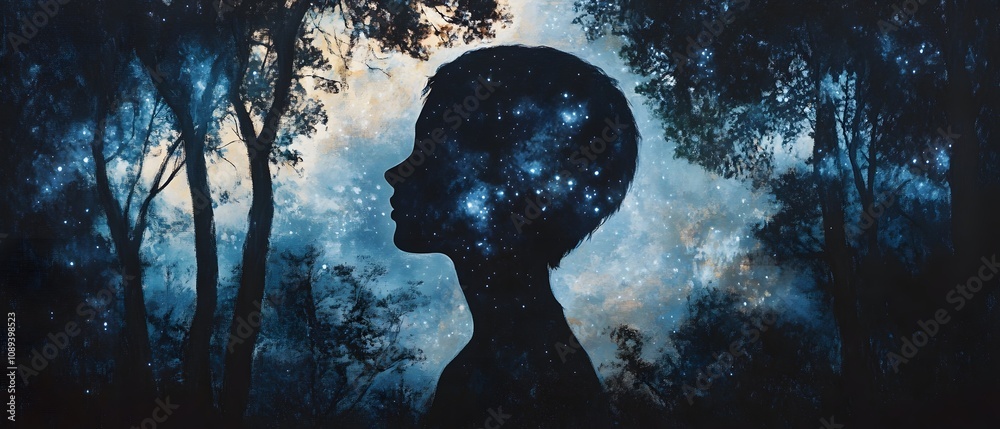Aufkleber silhouette of a child with a cosmic galaxy background surrounded by trees, blending nature and inner