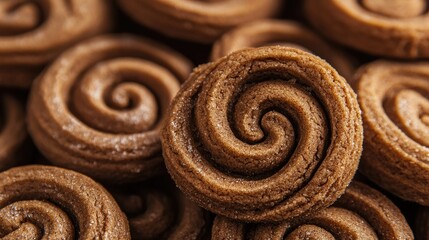 Fototapeta premium Close-up of spiral cinnamon cookies with a rich brown hue, showcasing a delightful texture ideal for winter holiday celebrations